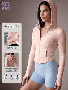 Soyun New Hooded Sports Jacket With Pockets And Thumb Holes, Suitable For Outdoor Activities, Casual Wear, Fitness And Yoga - Pink - View 6
