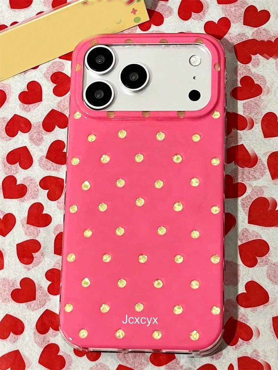 Cute Bright Yellow Polka Dot Rose Red Soft Phone Case Compatible With IPhone 17 Pro Max 17 Pro 17 16 Pro Max 16 Pro 16 15 Pro Max 15 Pro 14 Pro Max 14 Pro 13 12 11 Luxury Rhinestone Texture Shockproof Protective Back Cover - Hot Pink - View 1