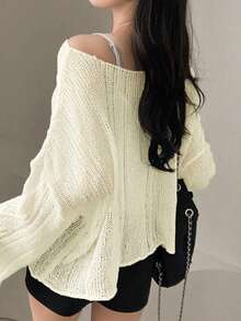 YCYC Autumn/Winter Hollow Out Long Sleeve Knit Sweater - White - View 6