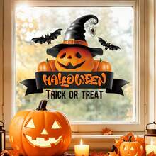 1pc Halloween Pumpkin Witch Hat Window Sticker "Trick Or Treat" Bat Spider Static Cling Window Decal, Suitable For Indoor Home Halloween Party Window Decoration - Multicolor - View 4