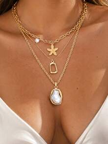 3pcs Vintage Fashion Exaggerated Necklace Set, Featuring Starfish And Faux Pearl Multi-Layer Necklace Set, Suitable For Women To Wear In Summer, Party, Vacation And Other Occasions - Yellow Gold - View 2