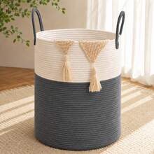 Large Laundry Hamper Basket, 100L Cotton Rope Woven Storage Bin For Blankets, Dirty Clothes Toys, Decorative Tall Basket With Handles For Living Room, Bedroom, Bathroom, Nursery, Gradient Brown - Charcoal Gray - View 8