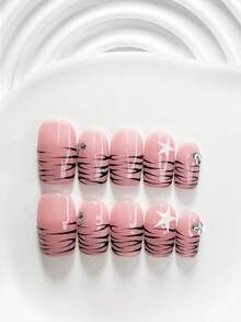 10件組個性化手工穿戴甲，Polygel美甲套組，豹紋五角星水鑽設計，粉色與黑色指甲油，甜酷風，附美甲工具，3種尺寸可選，方型/短方型/杏仁形，適合派對、跳舞、日常配戴 - 彩色 - 查看 20