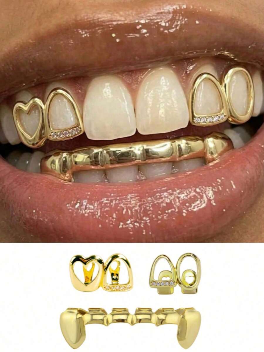 1件復古金屬十字鑲鑽牙齒造型女款飾品 - 金色 - 查看 1