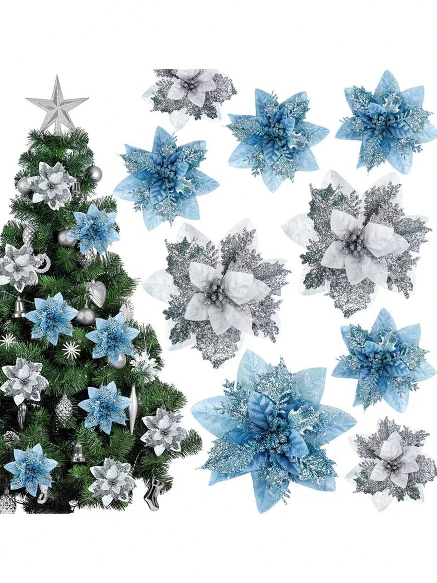3pcs Colorful 3-Layer Hollow Artificial Christmas Flowers With Gold Glitter, Christmas Decorations, 5.91 Inches, Holiday Accessories, Suitable For Christmas Tree, Wreath, Home Decor, Holiday Party Decoration - Multiple Styles - View 1