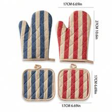 2Pcs Kitchen Heat Resistant Gloves Set Red Stripe Cotton Linen Oven Mitt Pot Holder Non-Slip Insulation Pads For Microwave Baking - View 7