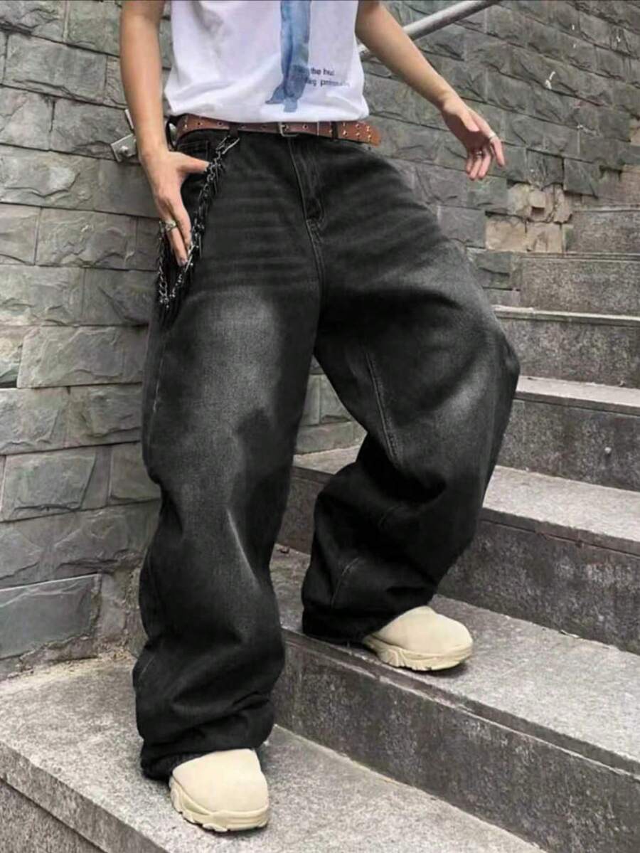 Y2K Teen Boys Straight Leg Loose Casual Versatile Denim Jeans With Pockets - Black - View 1