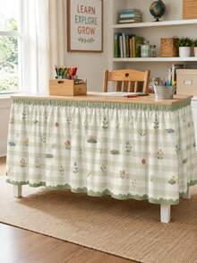 1pc Light Green Plaid Classroom Table Skirt, Sweet Campus Theme Polyester Tablecloth, Daisy Bow Apple Pencil Pattern, School Day Decoration Table Skirt, Suitable For Teacher Gifts, Home Decor, Classroom Decor And Party Decoration - Multicolor - View 3