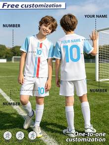 [Disesuaikan] Kustomisasi Nama dan Nomor yang Dipersonalisasi, Gaya Selebriti, Putih, 2 pcs, Anak Laki-laki, Anak Perempuan, Kasual, Set Seragam Sepak Bola # -Leher Bulat-Lengan Pendek dan Celana Pendek- Poliester, Cocok Untuk -Olahraga -Latihan dan Pakaian Kasual, Pilihan Sempurna untuk Aktivitas Luar Ruangan - Putih - View 3