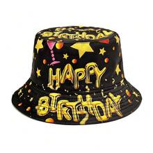 1件成人生日派對主題印花漁夫帽，中性趣味派對裝扮帽 - 黑色 - 查看 7