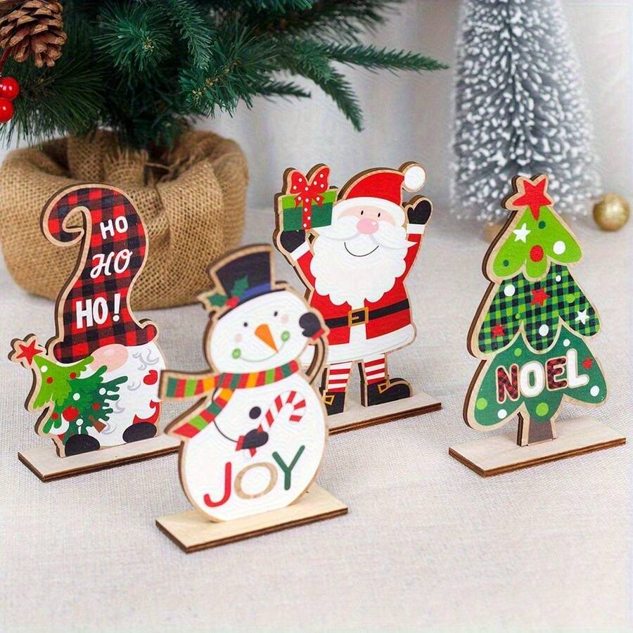 2D Flat, 4pcs Decorative Art Wooden Statue Set - Santa Claus, Snowman And Christmas Tree Design - Suitable For Christmas, New Year And Winter Multi-Functional Holiday Decoration - No Power Required - A - View 1