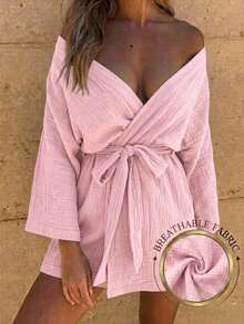 Plus Size Muslin Belted Kimono – Lightweight Relaxed Fit Beach Cover Up Robe - Baby Pink - View 1