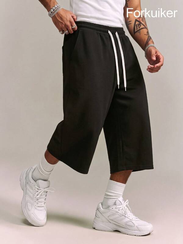 Men's Black Loose Fit 7/8 Capri Pants - Elastic Waist Drawstring Casual Pants, Summer Style
