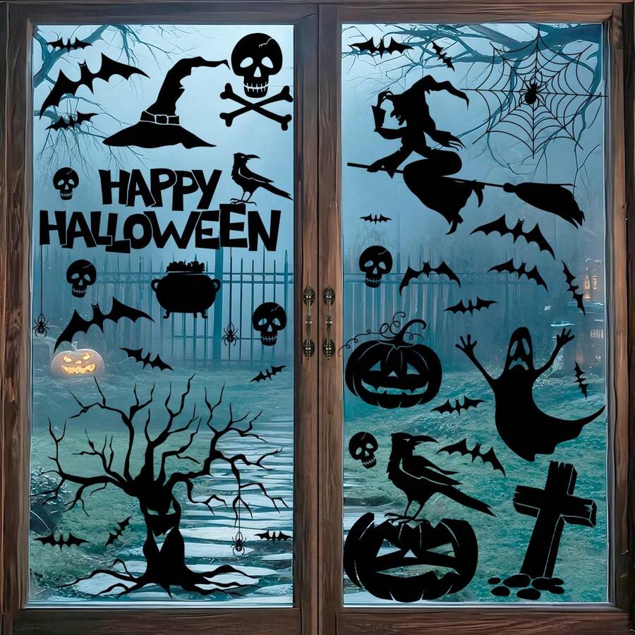 9pcs Happy Halloween Static Window Stickers, Black Eerie Witch, Ghost, Pumpkin, Bat, Skeleton, Spider Web, Tree, Tombstone Window Decals, Removable Glass Decoration Stickers, Suitable For Home Indoor Halloween Party Decor - Multicolor - View 1