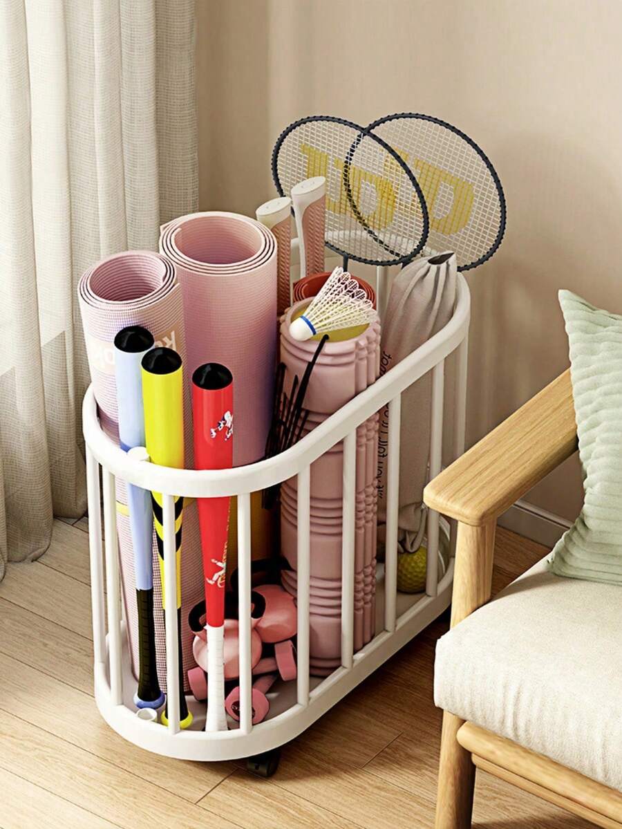1pc Rolling Storage Bin With Smooth Wheels, Space-Saving Open Mesh Design, Suitable For Storing Yoga Mats, Rackets And Home Fitness Equipment, Bathroom Laundry Basket, Durable Plastic Structure, Back To School Storage Basket