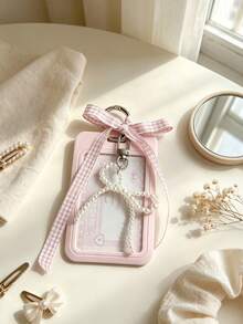 Mesh Strap And Faux Pearl Pendant Card Holder, Student Campus Card Storage, Storage Bag, Detachable And Erasable Sliding Cover, Student Campus Card/Meal Card Protector, Pearl Bow Keychain, Durable Transparent Card Holder With ID Window And Card Slot, Campus Card, ID Card, Transit Card Holder, DIY Keychain Pendant, Bank Card Holder, Back To School Gift. - Multicolor - View 7
