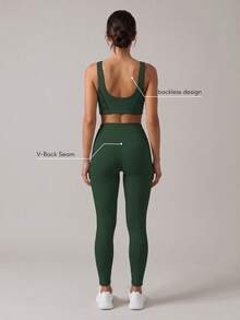 Sodalemon Women Velvet Trim Sport Set Backless V-Neck Gym Bra No Front Seam Velvet Side Lift Buttocks Yoga Leggings Workout Running Training 2 PCS Sets - Olive Green - View 2