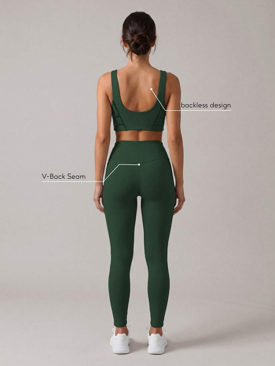 Sodalemon Women Velvet Trim Sport Set Backless V-Neck Gym Bra No Front Seam Velvet Side Lift Buttocks Yoga Leggings Workout Running Training 2 PCS Sets