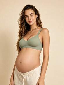 Hart & Haze 極簡休閒舒適透氣無縫哺乳內衣女款，純色孕婦內衣，綠色無鋼圈托高內褲，前開扣方便產後哺乳 - 綠色 - 查看 5