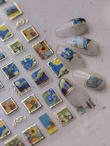 1 Conjunto de Decoração de Arte de Unhas Estilo Pintura a Óleo Artística, Artesanato em Relevo 3D, Impresso com Pinturas Clássicas de Girassol, Noite Estrelada e Flor de Amendoeira de Van Gogh, Combinado com Moldura Metálica Ondulada de Folha de Ouro Luxuosa, Cores Vintage Ricas, Filme de Base Macia Transparente, Autoadesivo, À Prova d'Água e Resistente ao Desgaste, Fácil de Aplicar para Iniciantes - Multicolorido - Visão 4