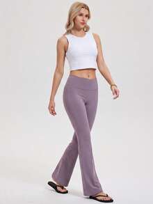 KyrLssu Women High Waist Solid Flare Yoga Pants, Tummy Control Stretch Slim Bootcut Workout Bell Bottom Trousers - Lilac Purple - View 3