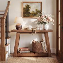 LITTLE TREE 105cm Brown 2-Tier Farmhouse Narrow Console Table Storage Sofa Table Hall Living - Brown - View 5