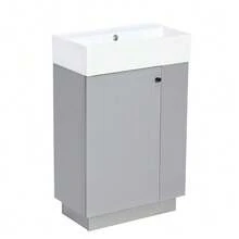 55 Cm Freestanding Bathroom Vanity With Ribbed Wood-Look Finish, High-Quality Ceramic Sink, Removable Toilet Paper Holder, And Thoughtful Storage – Without Faucet, Grey - 灰色 - 查看 7