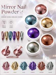 Set de 6 piezas de esmalte de uñas Y2K dorado, plateado y espejo con pegatinas y polvo decorativo, polvo iridiscente de sirena con brillo suave versátil, polvo para decoración de arte de uñas DIY - Multicolor - Ver 5