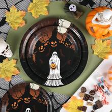 20/30/50-Piece Set Of 7/9 Inch Halloween Disposable Paper Plates, Moon Night Ghost Pumpkin Forest Print, Haunted Tree Bat Design, Vintage Halloween Party Tableware, Party Decor, Dinner Table, Home Gathering - Multicolor - View 5