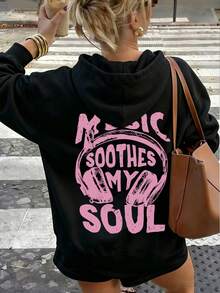 Women's Hooded Sweatshirt, Autumn/Winter New Style With Earphone Pattern And Letter Print, Drawstring Design, Pockets, Casual Versatile Loose Fit Top, Fashionable Daily Wear - Black - View 1