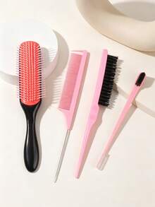 4Pcs Hair Styling Comb Set, Detangler Brush Rat Tail Parting Comb Teasing Brush Double Sided Edge Control Brush, Anti Static Salon Hairdressing Tools Kit For Slick Back Ponytail Braids Natural Curly Hair Women Daily Hair Care Accessory - Multicolor - View 3