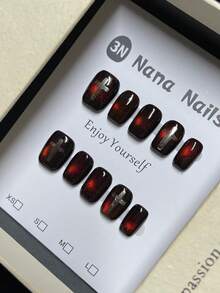 1pack/10pcs-Y2K Dark Altar Nails 3D Silver Cross & Burgundy Glitter Gothic Punk Aesthetic | Hot Short Coffin Nails - Burgundy - View 1