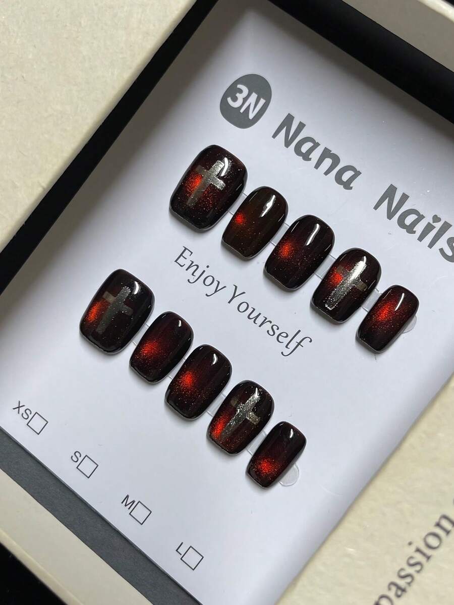 1pack/10pcs-Y2K Dark Altar Nails 3D Silver Cross & Burgundy Glitter Gothic Punk Aesthetic | Hot Short Coffin Nails - Burgundy - View 1
