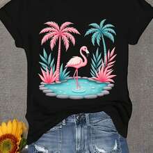 Plus Size, Women's Plus Size Oversized T-Shirt - Tropical Flamingo Print Short Sleeve Crew Neck Loose Fit Tee, Casual Summer Beachwear With Flamingo & - Black - View 3
