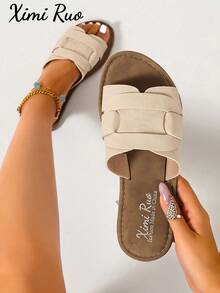 Ximi Ruo Damen-Sandalen im koreanischen Stil, lässige flache Pantoletten, offene Zehenpartie, gewebte römische Sandalen, Sommer-Strand- und Hausschuhe, modischer französischer Stil für Ausflüge, Frühling/Sommer Neu, flache Schuhe zu Kleidern - Beige - Übersicht 8
