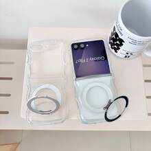 Cute Wavy Edge Anti-Yellowing Clear Magnetic Phone Case Compatible With Samsung Galaxy Z Flip 8 Flip6 Flip5 Flip4 ,360° Rotatable Metal Ring Kickstand Shockproof Transparent TPU Wireless Charging Protective Cover - Clear - View 7