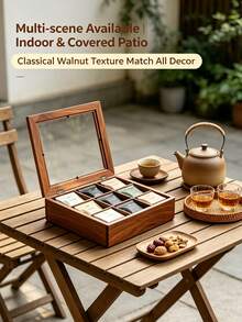 1pc Wooden 9 Grid Tea Bag Storage Box Divided Tea Packet Organizer Multi Compartment Tea Caddy For Kitchen Countertop Coffee Station Home Decor Housewarming Gift - Brown - View 3