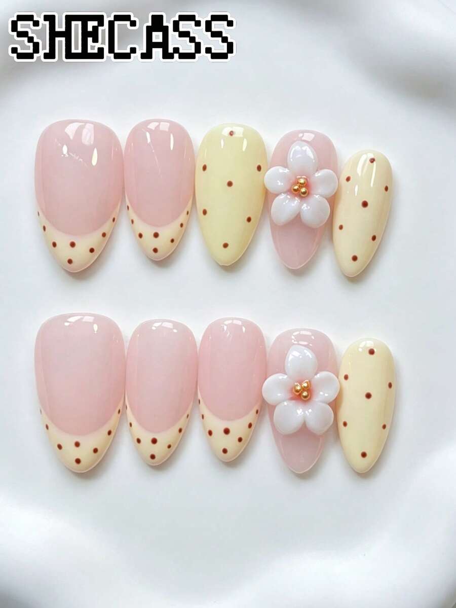 Shecass Almond-Shaped Sweet Style Press-On Nails, Pink Cream Polka Dot French Fake Nails, 3D White Hand-Painted Floral Reusable Artificial Nails, Cute Sweet Short Nails, Suitable For Daily, Holiday, Wedding, Y2K Autumn, Travel, Vacation, Gift, Party, Music Festival, Back To School Season - Multicolor - View 1