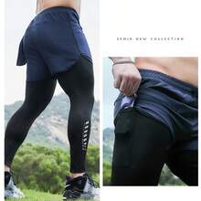Men's 2-In-1 Sports Fitness Compression Leggings With Phone Pocket Anti-Shock Shorts Integrated Running Training Pants Quick-Dry Elastic - Blue - View 6