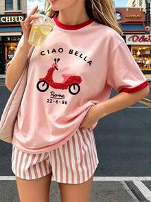 甜美女孩粉色滾邊短版T恤，Ciao Bella字母亮片機車圖案抓皺修身短袖上衣，學院風夏季日常基礎Tee - 粉色 - 查看 1