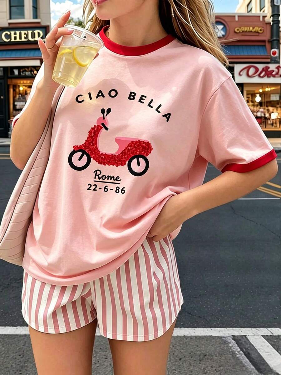 甜美女孩粉色滾邊短版T恤,Ciao Bella字母亮片機車圖案抓皺修身短袖上衣,學院風夏季日常基礎Tee - 粉色 - 查看 1