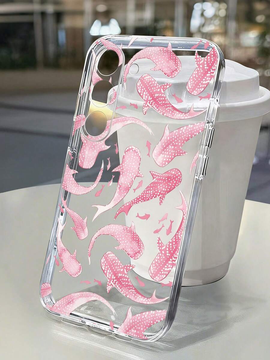 透明粉色鯊魚彩繪防摔透明手機殼，適用於 Apple 系列