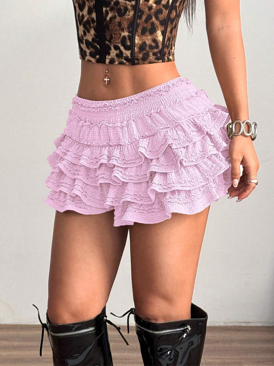 Solid Color Versatile Comfortable Cake Ruffle New Fluffy Short Skort Hot Pants Sexy Mini Lace Shorts Pink - Pink - View 1