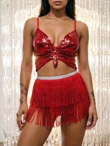 Sequin Crop Top With Multi-Layer Fringe Hip Scarf, Y2K Music Festival Party Waist Skirt 2 Pieces Set (Multiple Colors Available) - Multicolor - View 12