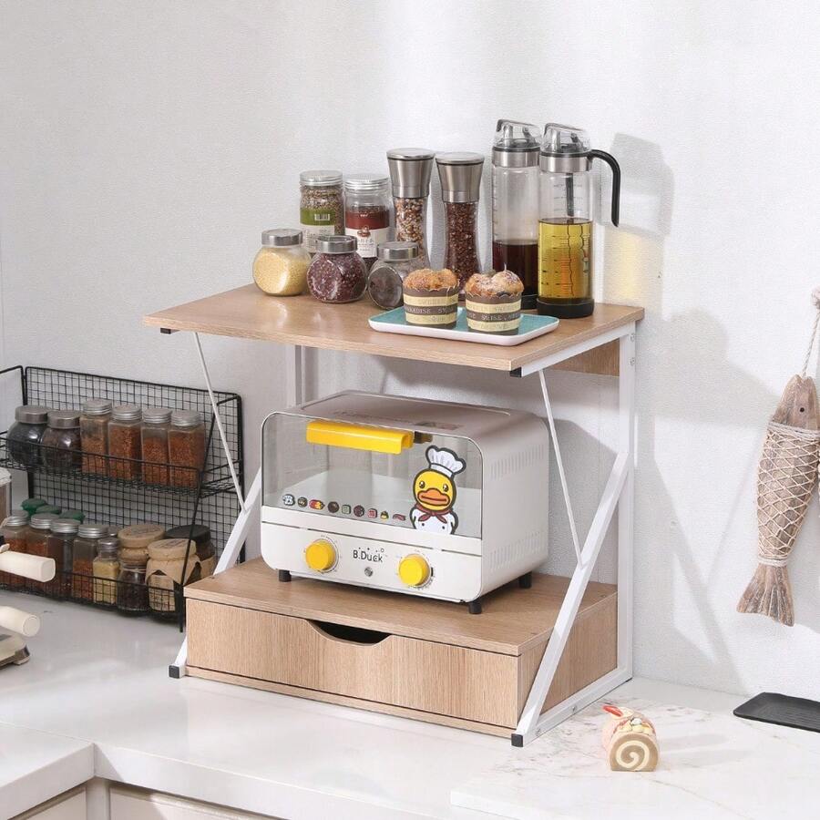 2-Tier Microwave Oven Stand With Slide-Out Drawer – Heavy-Duty Countertop Kitchen Organizer, Wooden Baker's Rack With Sturdy Metal Frame, Compact Space-Saving Design For Small Kitchens - 2-tier Walnut With Drawer - View 1