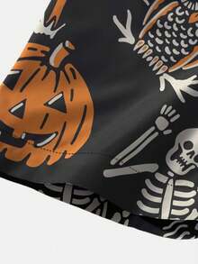 Men's Plus Size Halloween Pumpkin Skull Print Vacation Casual Short Sleeve Shirt - Multicolor - View 7