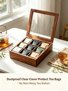 1pc Wooden 9 Grid Tea Bag Storage Box Divided Tea Packet Organizer Multi Compartment Tea Caddy For Kitchen Countertop Coffee Station Home Decor Housewarming Gift - Brown - View 5