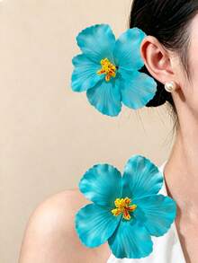 2pcs Women's Turquoise Hibiscus Tropical Floral Hair Clips, Suitable For Summer Beach Vacation, Travel, Daily Wear, Festival Party Hair Accessories - Turquoise - View 3