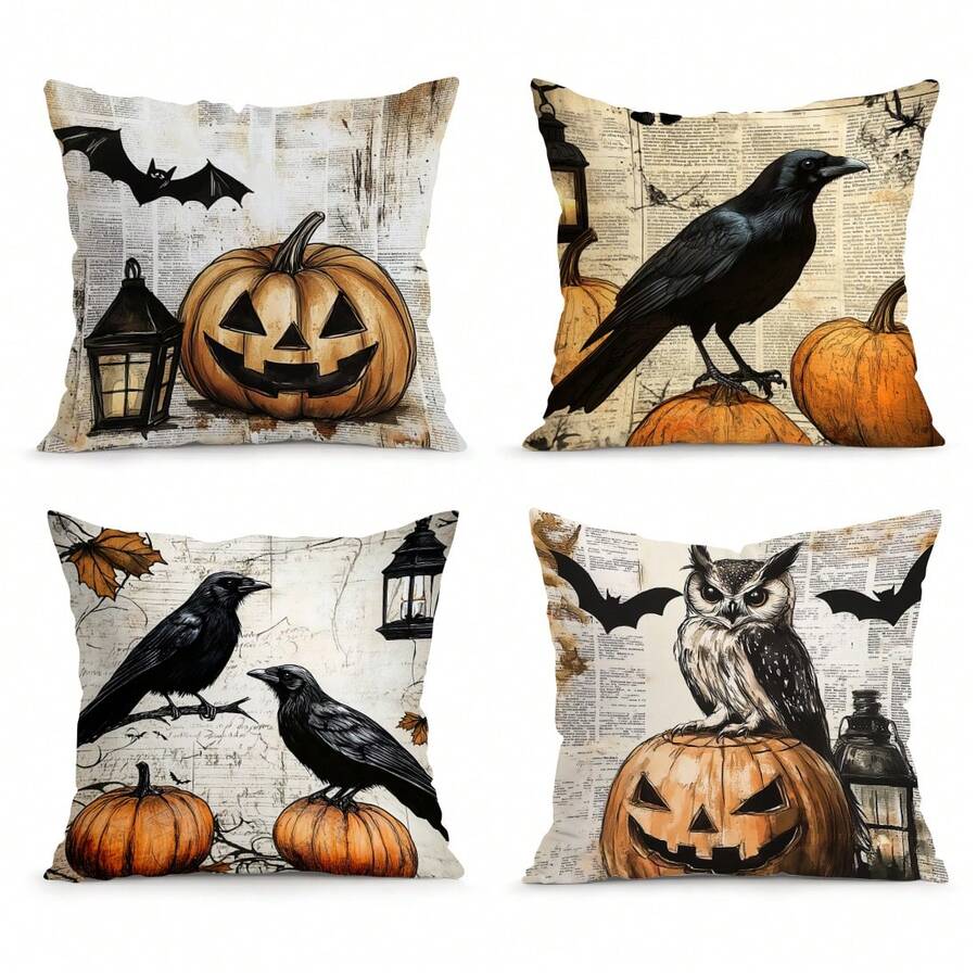 4pcs Halloween Crow & Pumpkin Pattern Pillow Covers Without Inserts, Single-Sided Printed Pillow Covers, Suitable For Living Room, Bedroom, Home Decor, All-Season Pillow Covers - Multicolor - View 1