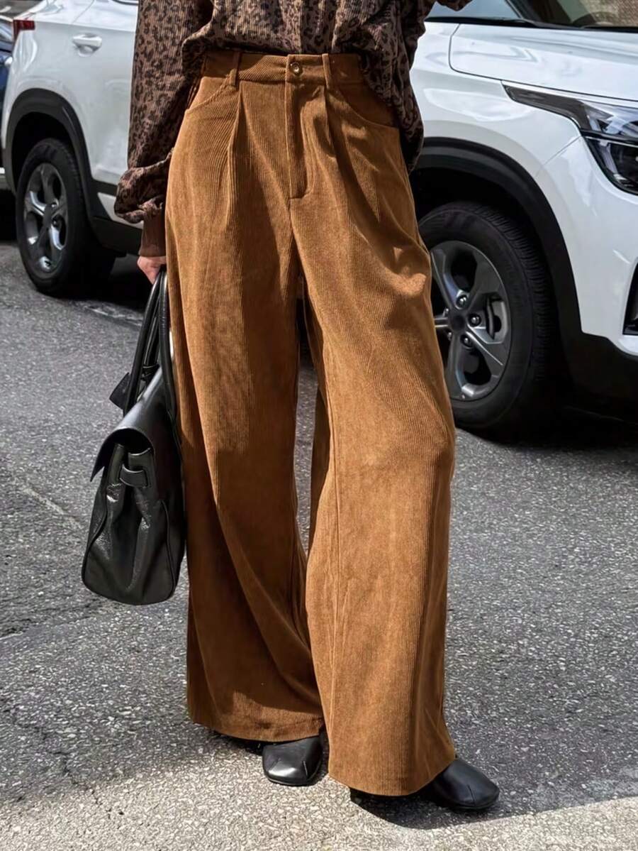 Women's Solid Color Pocket Button Casual Versatile Daily Travel Long Pants - Coffee Brown - View 1